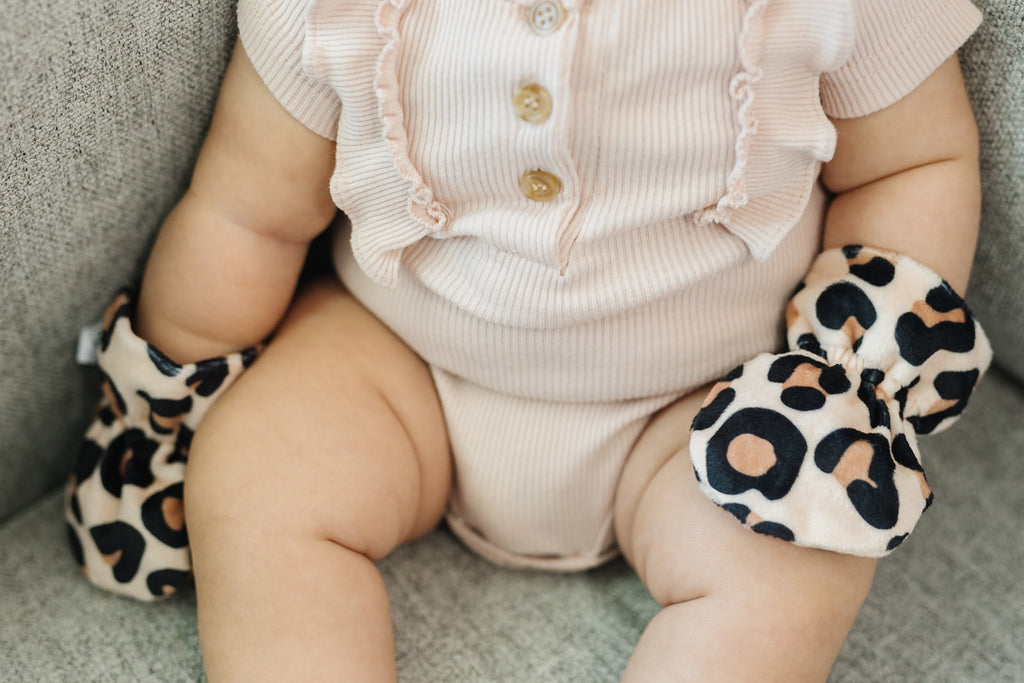 Stay-On Baby Mittens with Silicone Grip - Cheetah No Scratch Mittens for Newborns 0-6 Months