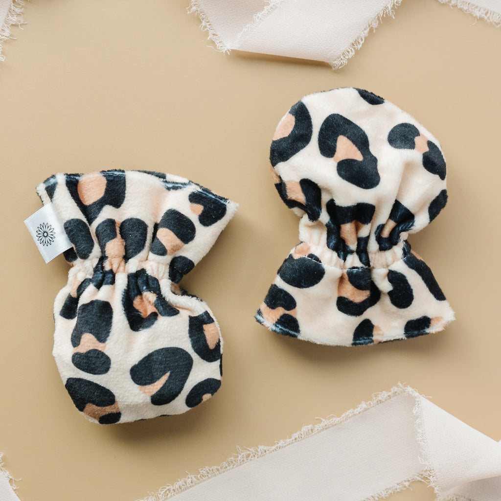 Stay-On Baby Mittens with Silicone Grip - Cheetah No Scratch Mittens for Newborns 0-6 Months